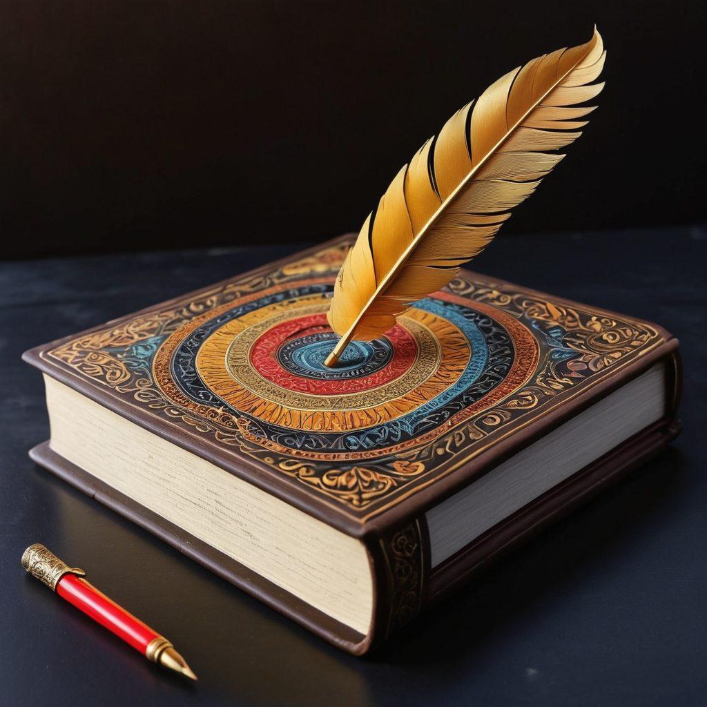 A luminous key unlocking a glowing book filled with colorful pages, surrounded by a cascade of synonyms and antonyms in playful typography. The background is a chalkboard with handwritten words and phrases artistically smudged, creating an engaging contrast. A quill pen and ink pot rest beside the book, symbolizing creativity and writing. super-realistic. vibrant colors.
