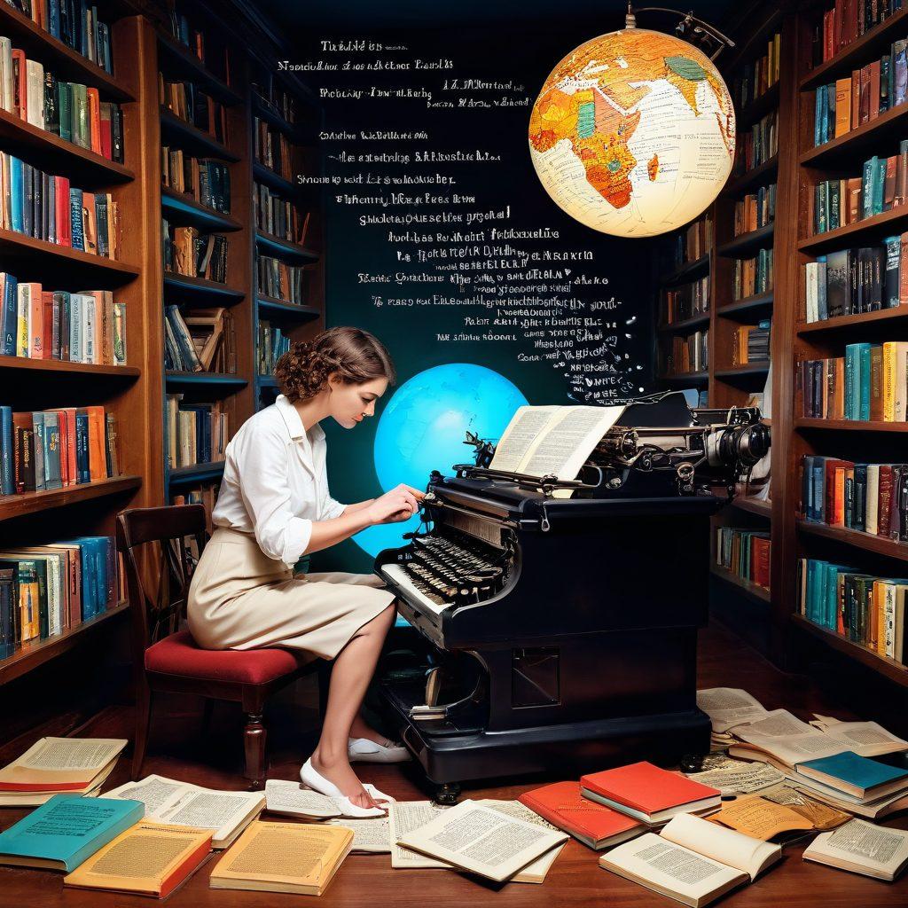 A whimsical scene showing a writer at a vintage typewriter surrounded by floating words and phrases in various fonts and languages. Symbolic tools like a dictionary, thesaurus, and a globe are creatively interspersed among the words. The background features an inviting library filled with colorful books. Emphasize a sense of creativity and inspiration. vibrant colors. painting.