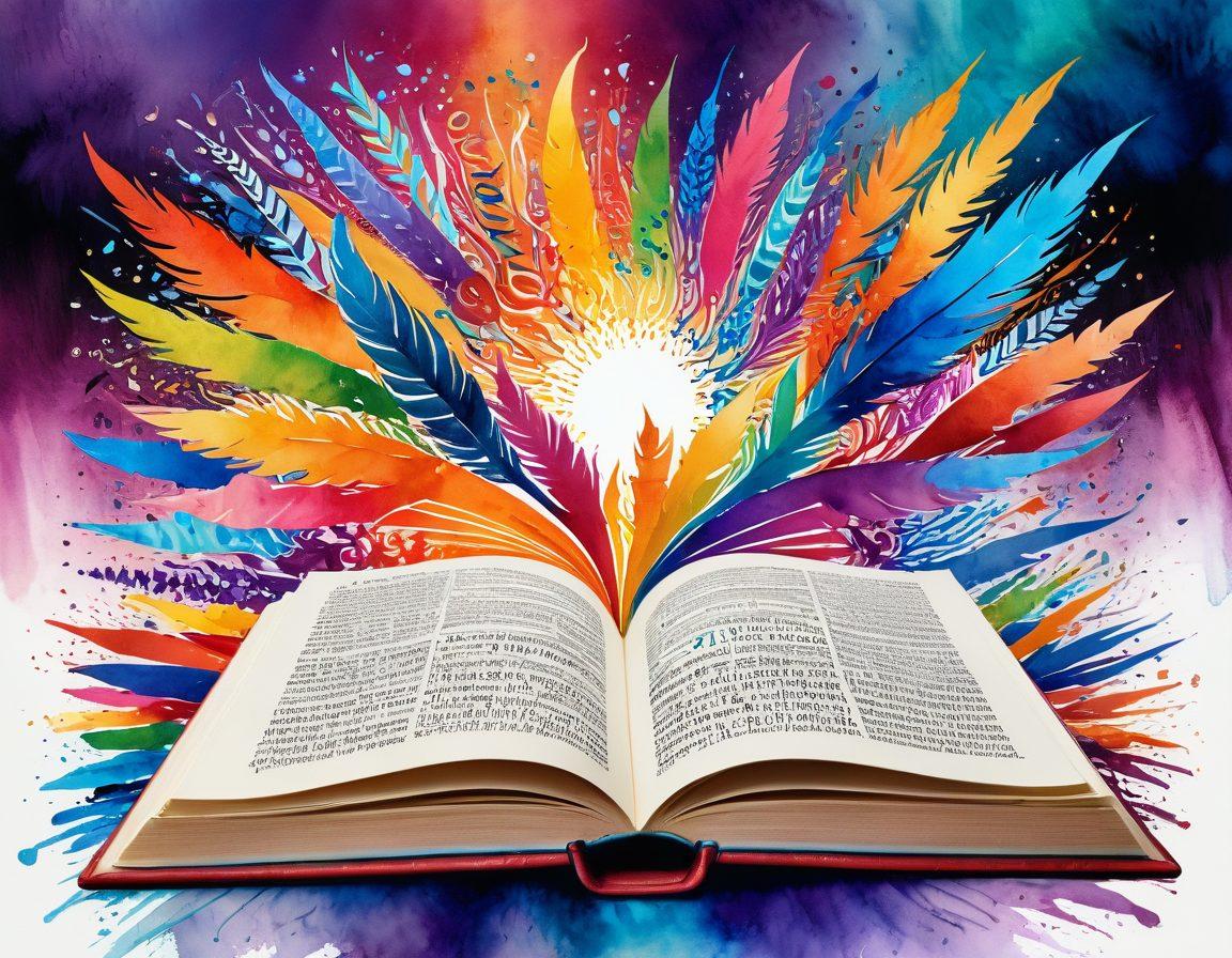 An intricate collage of colorful words and phrases swirling around, representing the rich imagery of a lexicon. The background features an open book with vibrant, glowing letters spilling out, symbolizing inspiration and exploration in writing. Include a classic quill pen hovering above the book, with a light burst emanating from it, illustrating creativity. Style it as a vibrant watercolor painting with soft textures and flowing elements.
